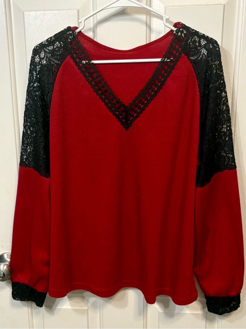 SHEIN Red V-Neck Sweater with Black Lace Shoulders